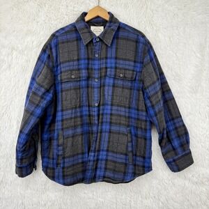 St John's Bay Quilted Flannel Jacket Mens Medium Blue Gray Plaid‎ Lined Shacket